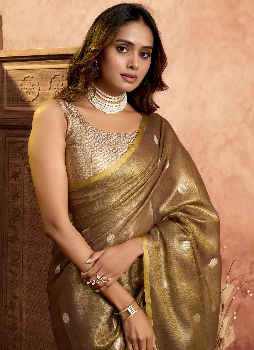 Soft Pure Tissue silk allover polka weave-Brown