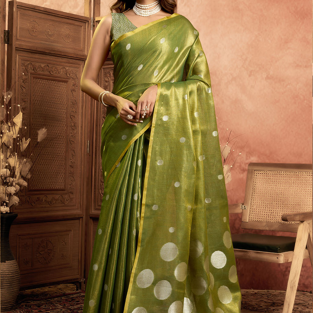Soft Pure Tissue silk allover polka weave-Mahendi