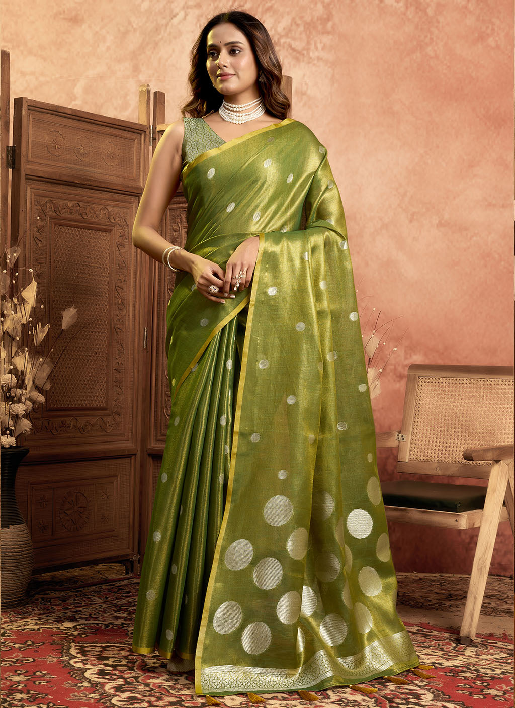 Soft Pure Tissue silk allover polka weave-Mahendi