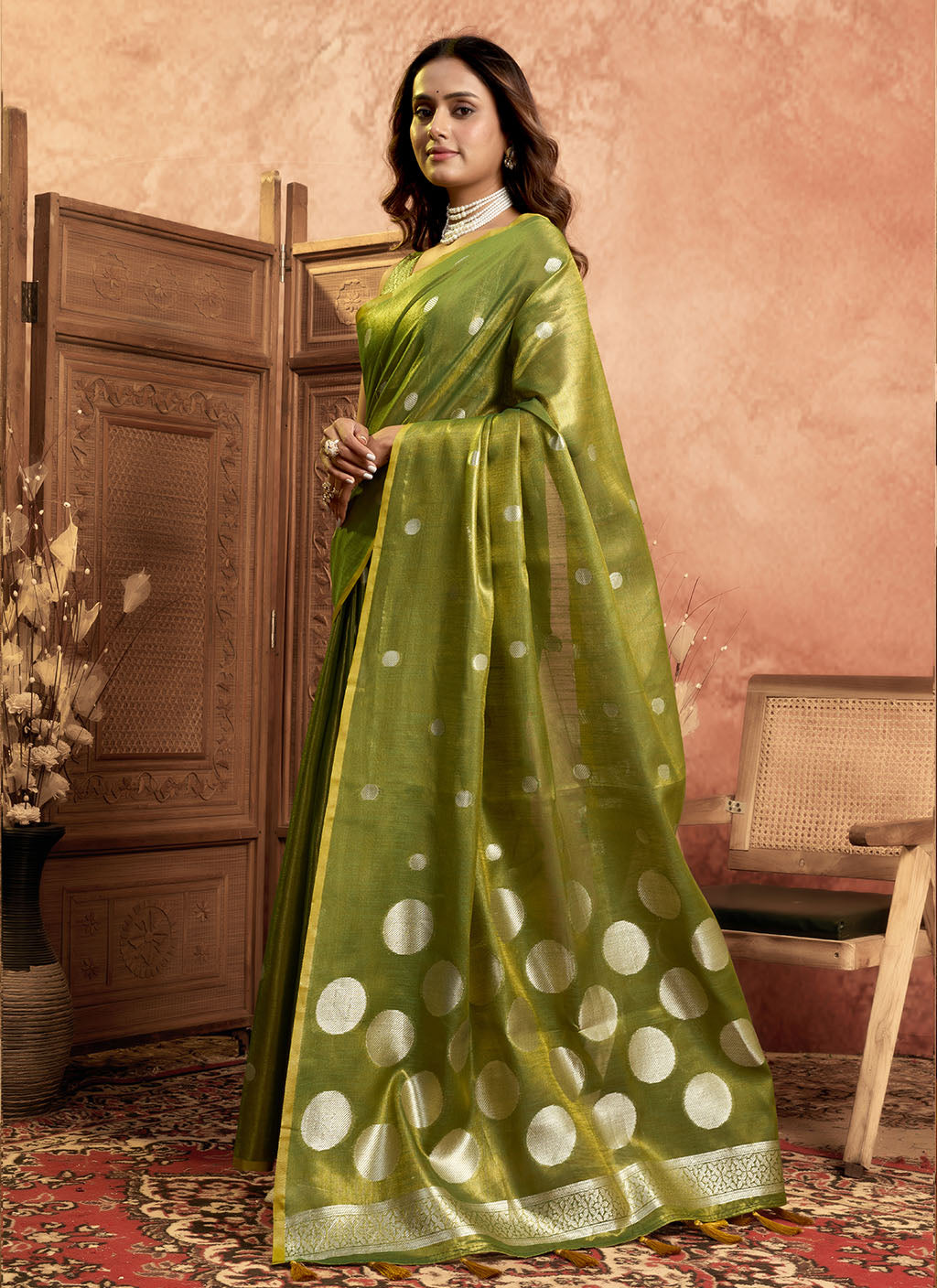 Soft Pure Tissue silk allover polka weave-Mahendi