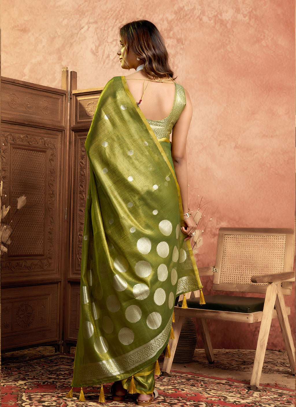 Soft Pure Tissue silk allover polka weave-Mahendi