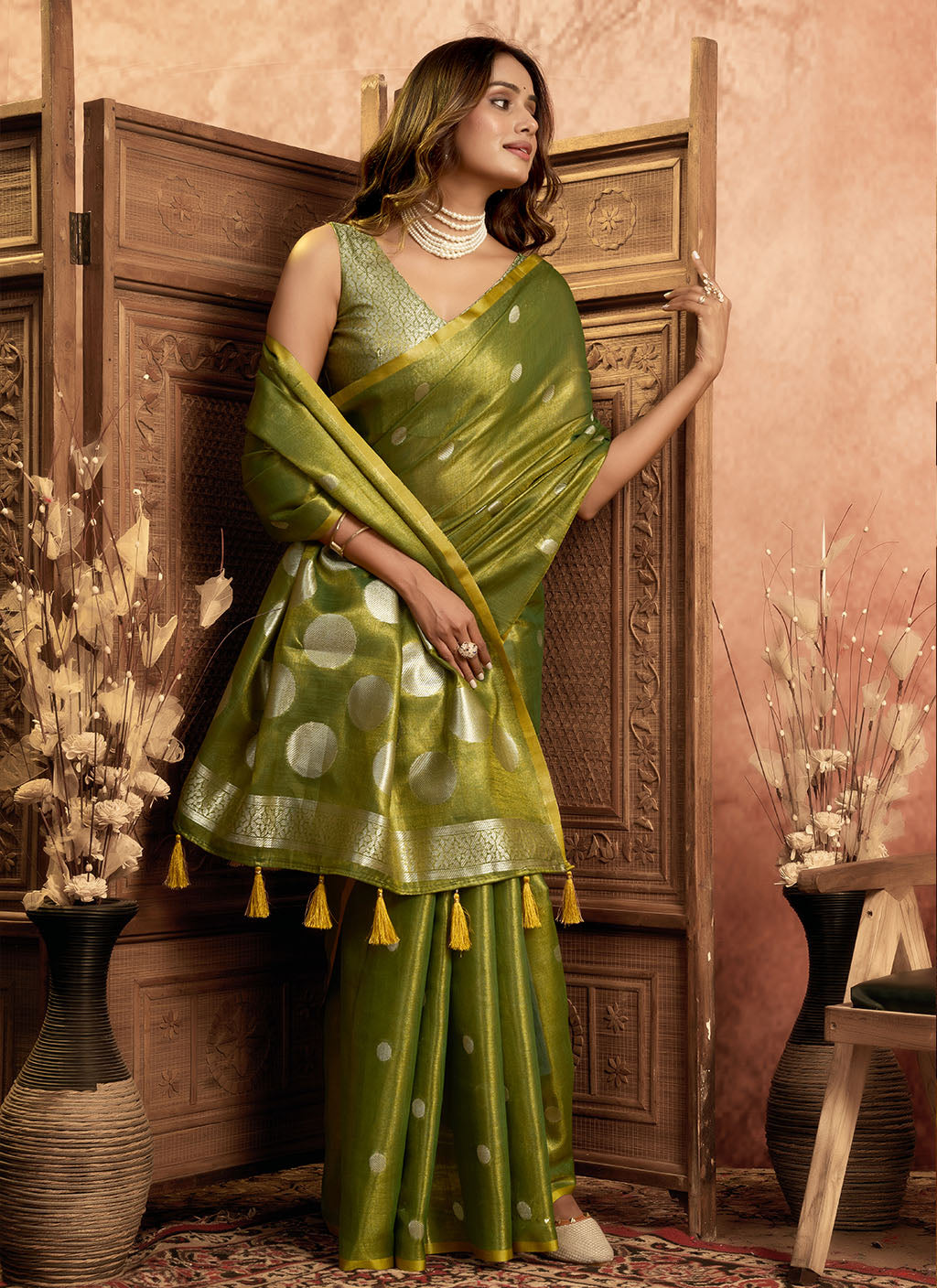 Soft Pure Tissue silk allover polka weave-Mahendi