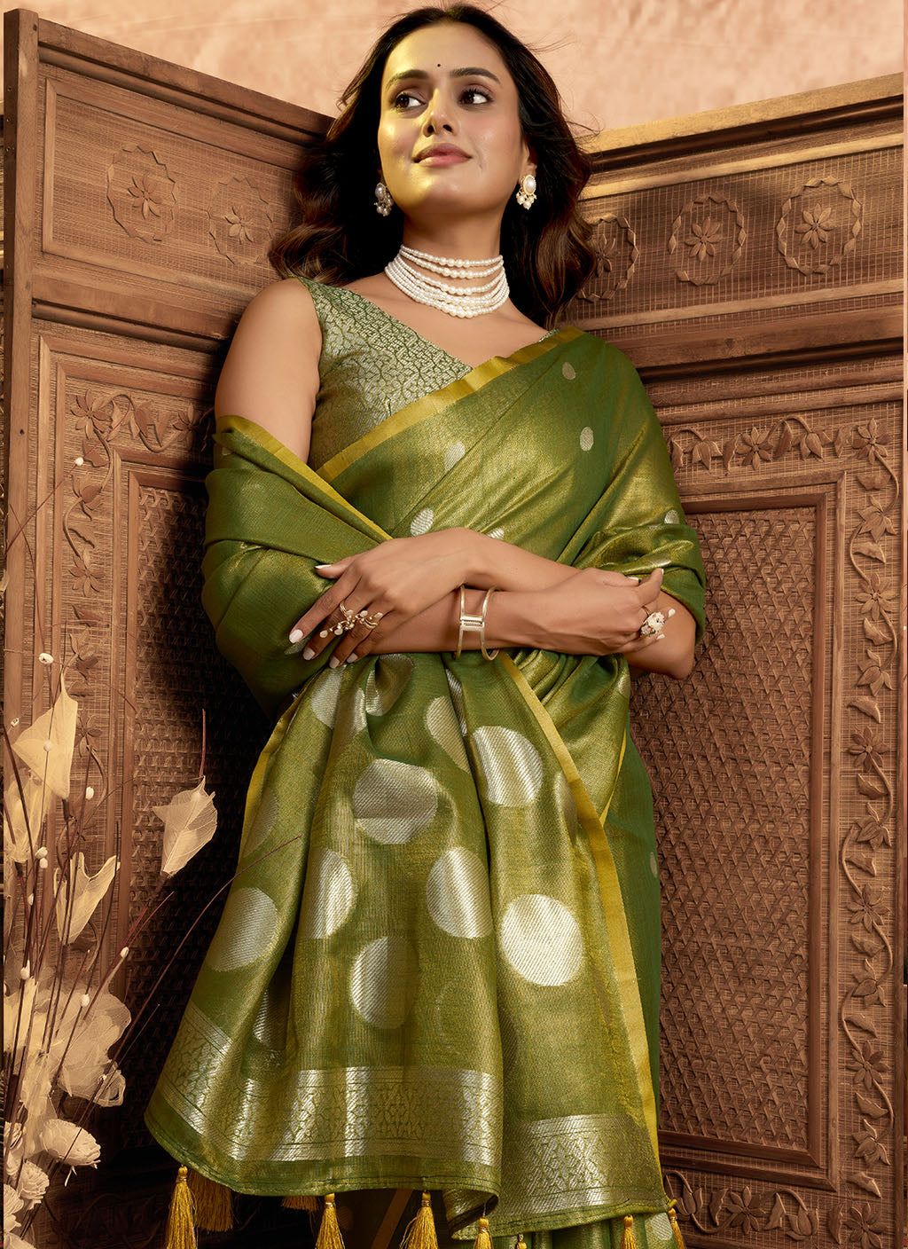 Soft Pure Tissue silk allover polka weave-Mahendi