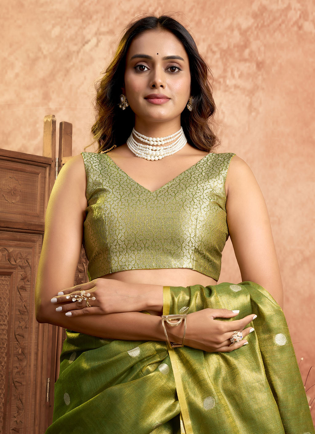 Soft Pure Tissue silk allover polka weave-Mahendi