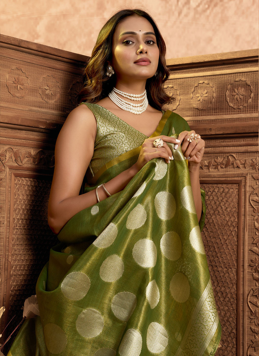 Soft Pure Tissue silk allover polka weave-Mahendi