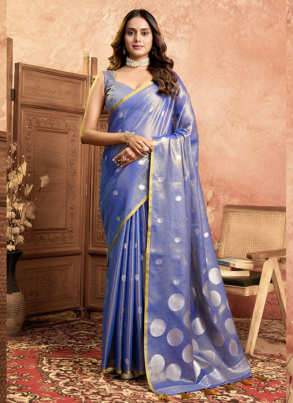 Soft Pure Tissue silk allover polka weave-R blue