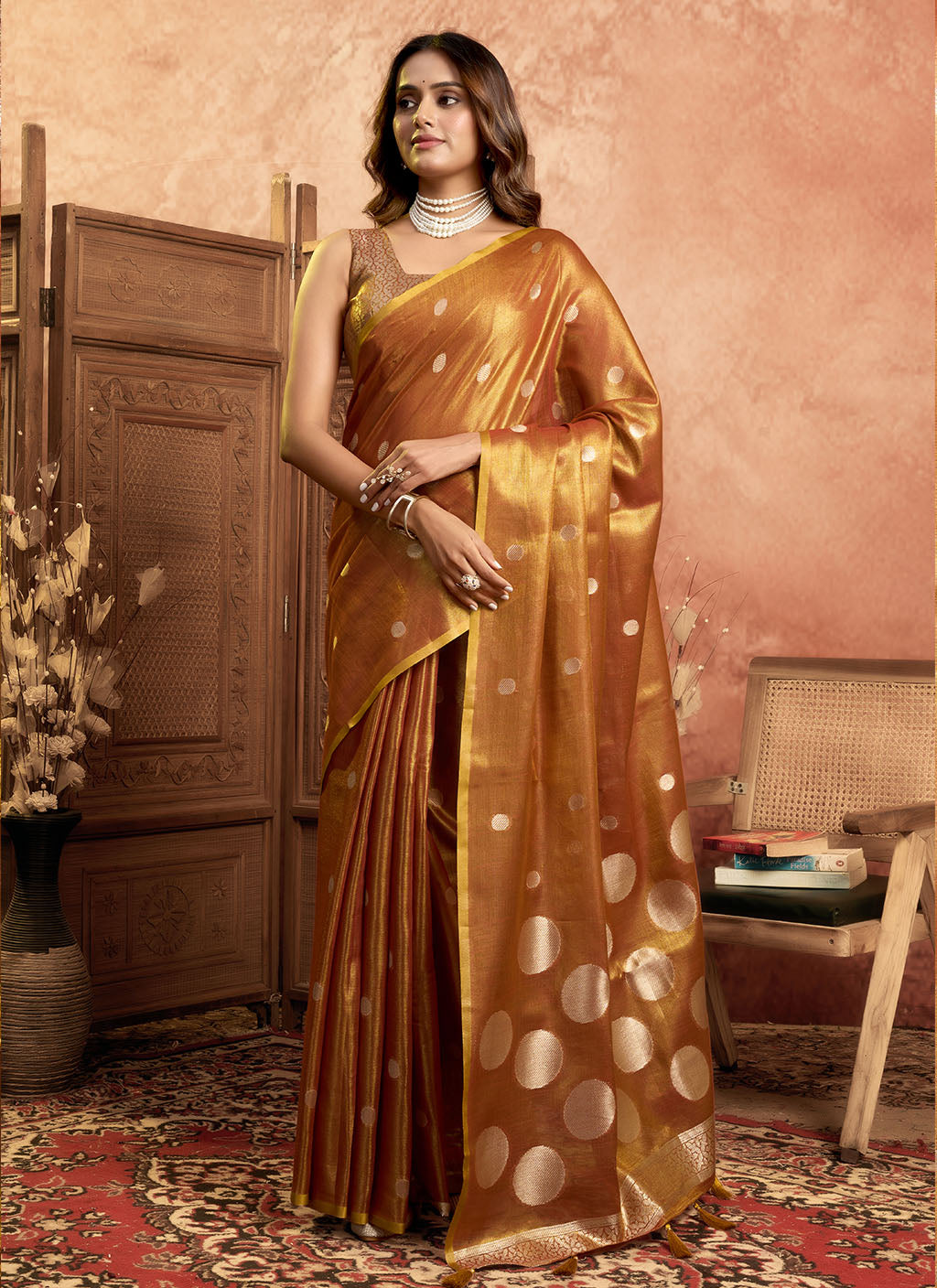 Soft Pure Tissue silk allover polka weave-Rust