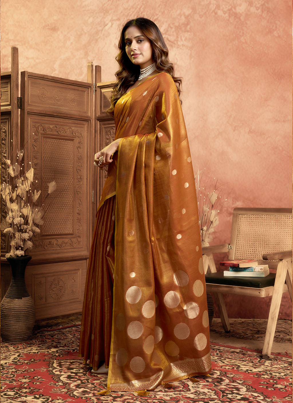 Soft Pure Tissue silk allover polka weave-Rust
