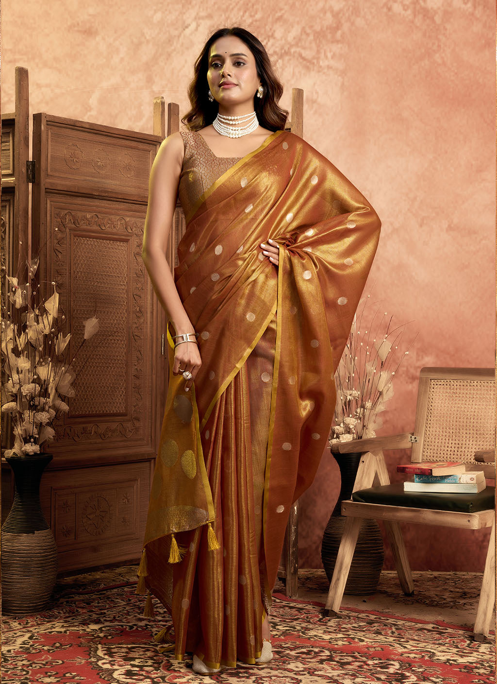 Soft Pure Tissue silk allover polka weave-Rust