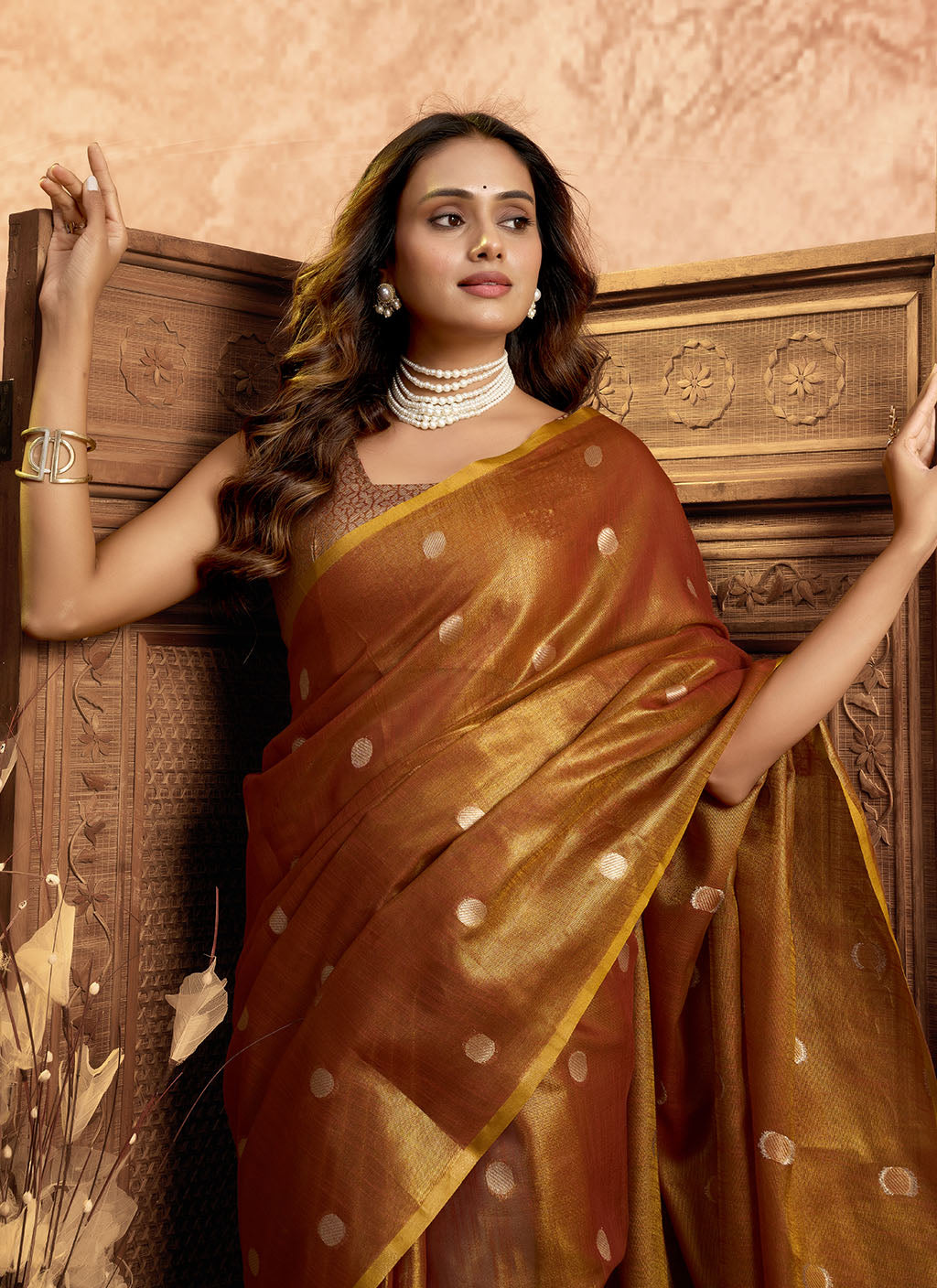 Soft Pure Tissue silk allover polka weave-Rust