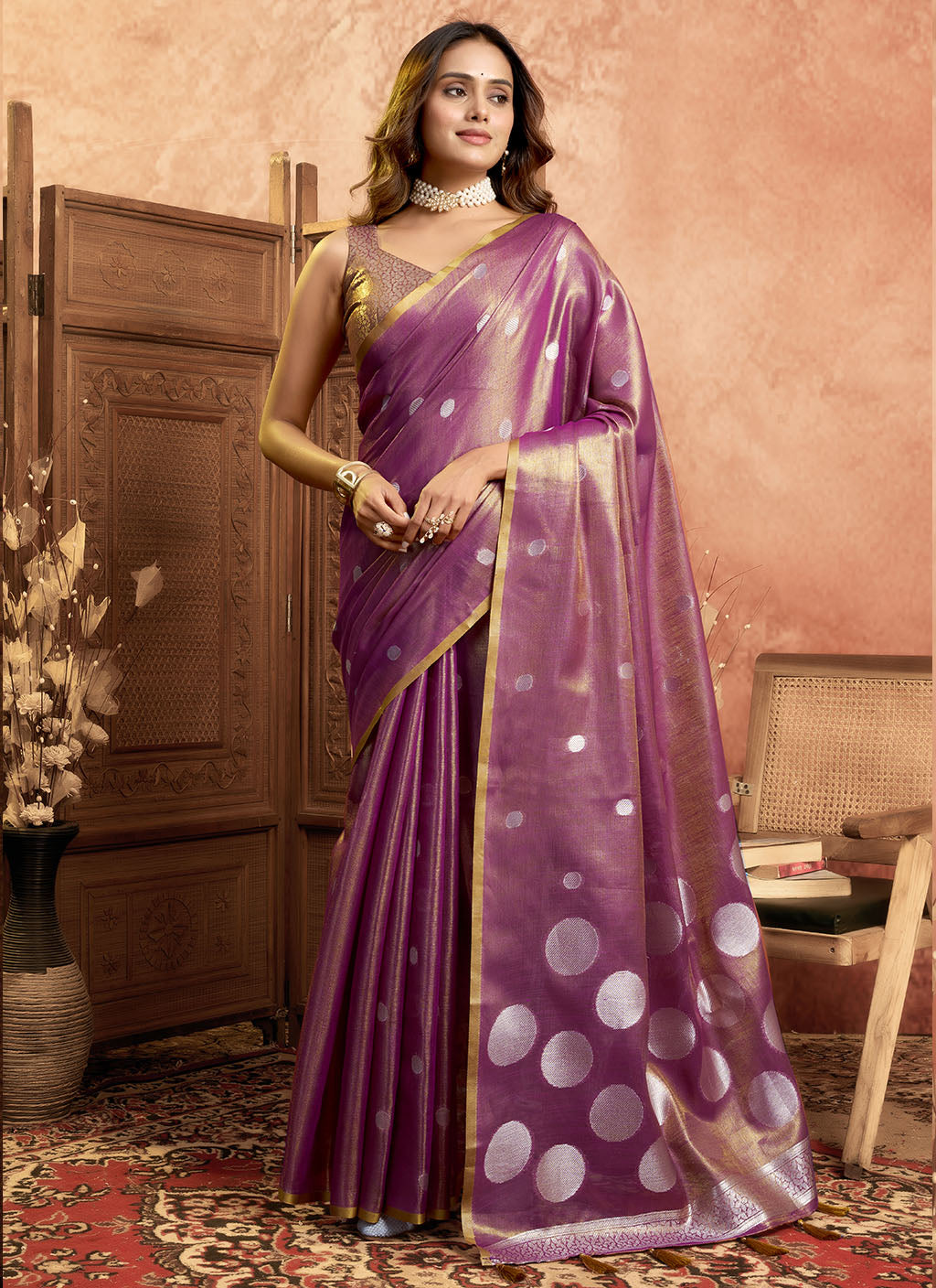 Soft Pure Tissue silk allover polka weave-Violet