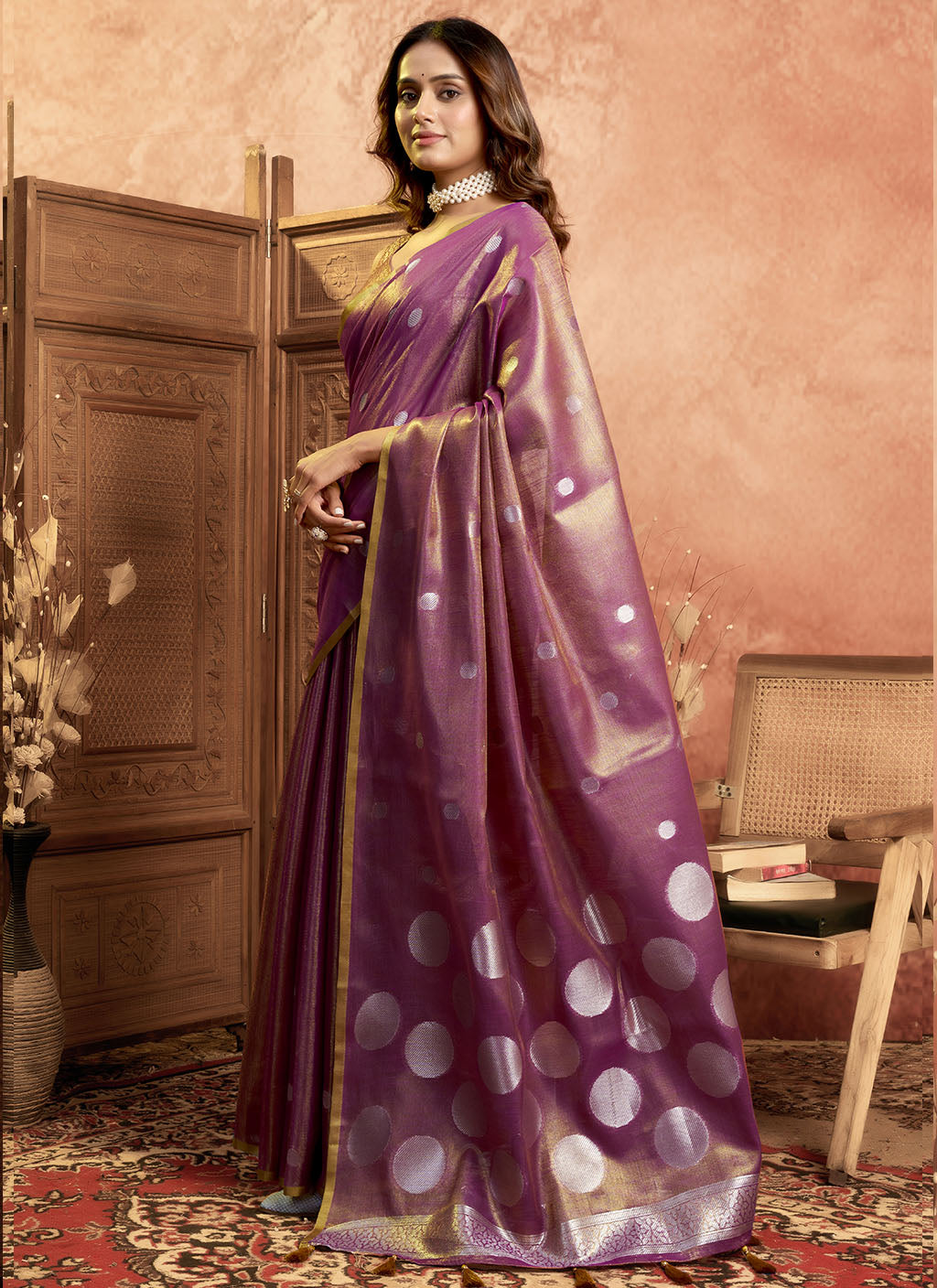 Soft Pure Tissue silk allover polka weave-Violet