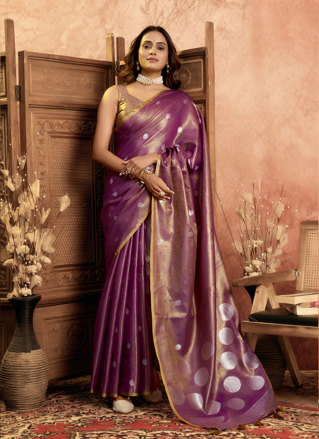 Soft Pure Tissue silk allover polka weave-Violet
