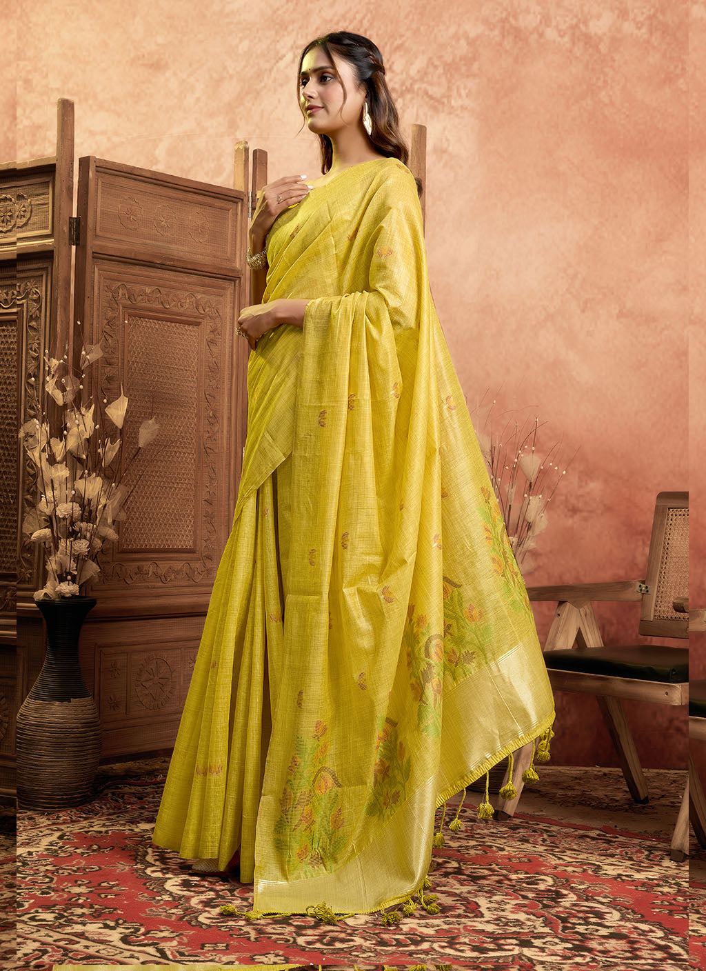 Mul Mul Cotton Saree-Yellow