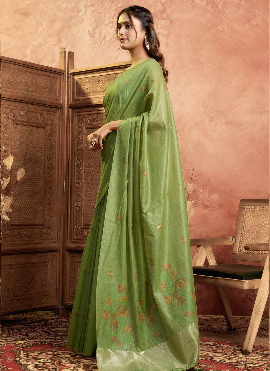 Mul Mul Cotton Saree-p.green