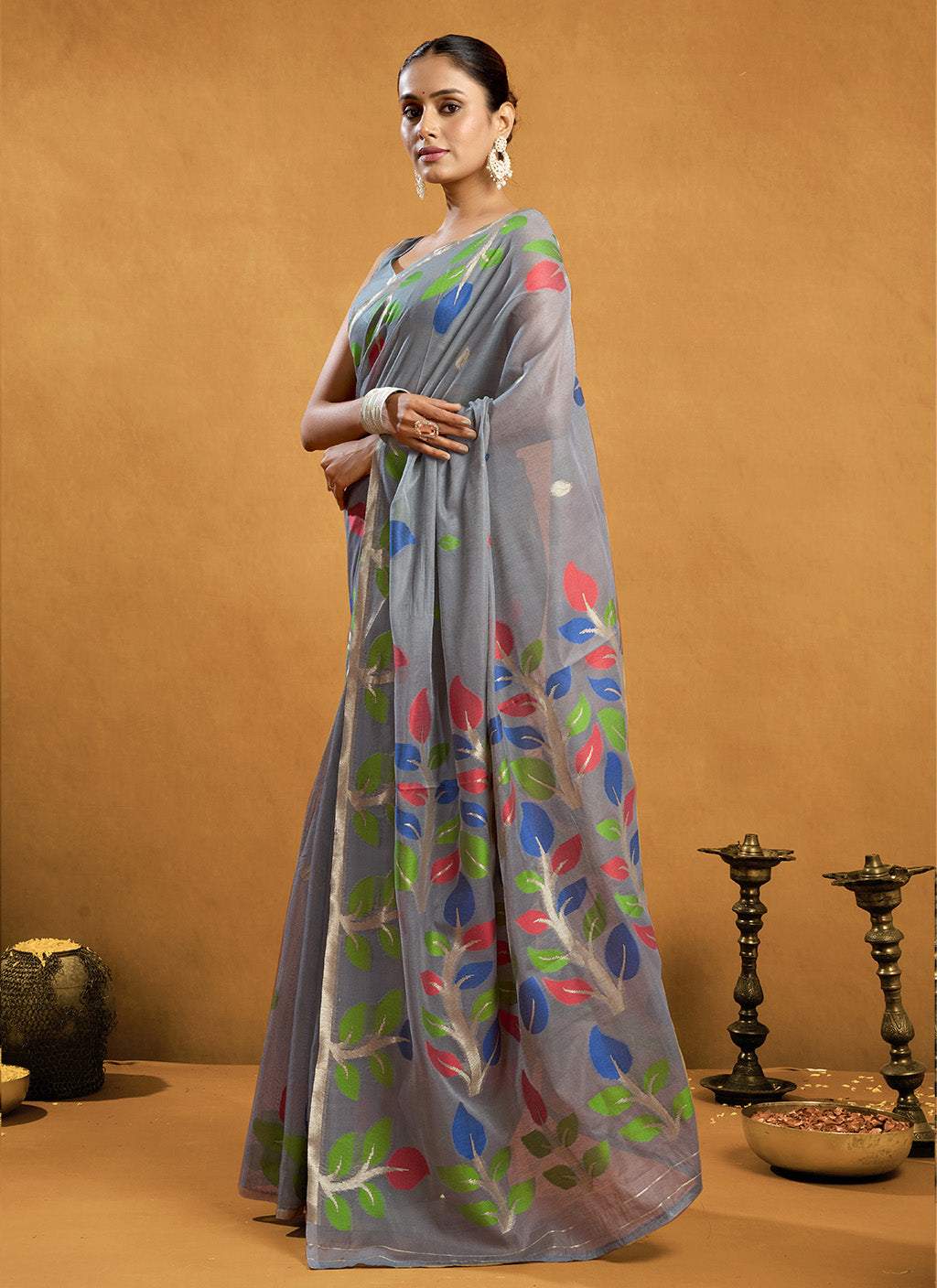 Pure spun cotton jamdani floral weaving