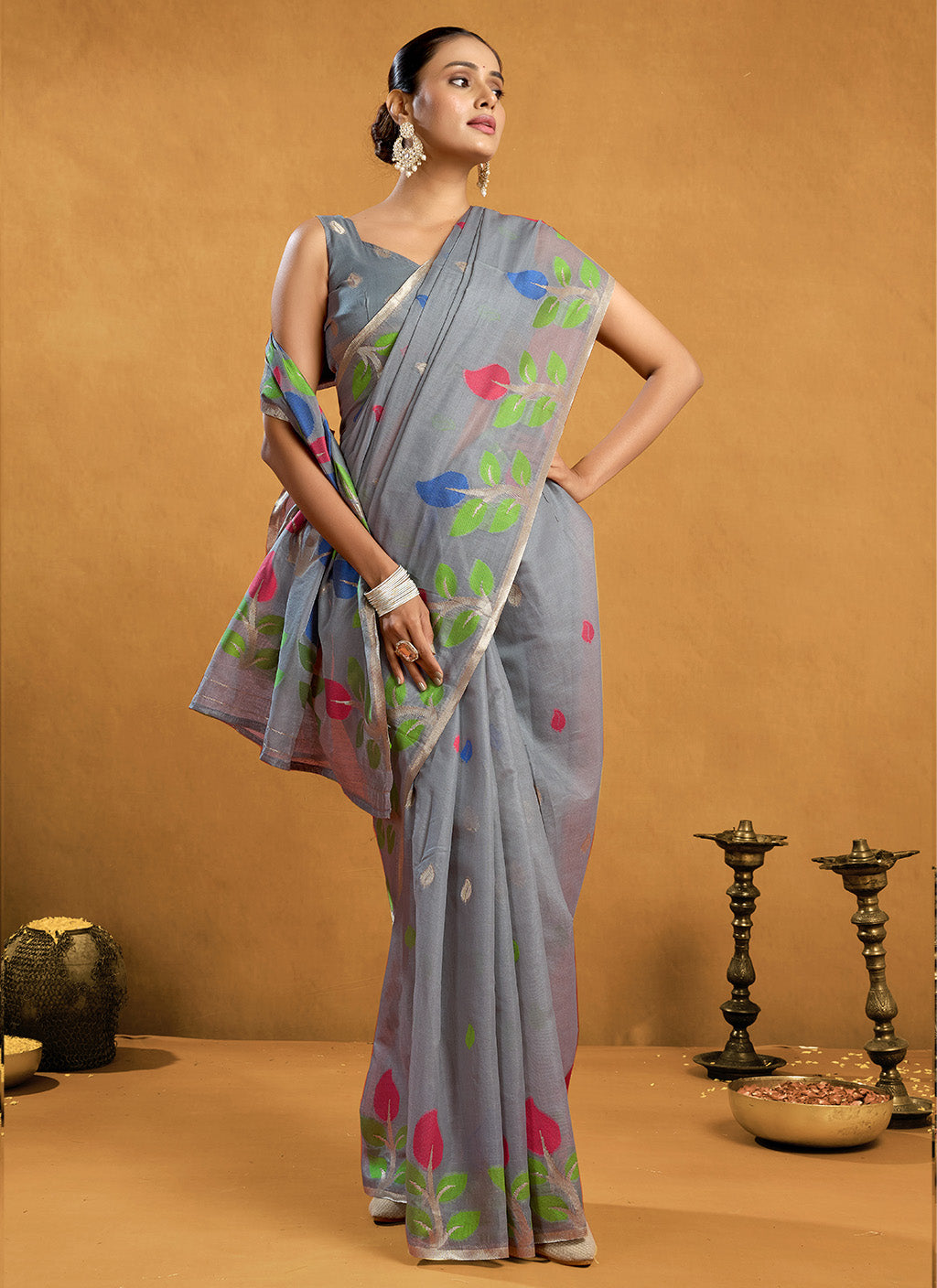 Pure spun cotton jamdani floral weaving