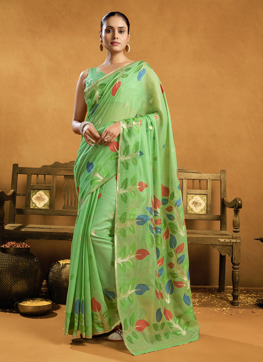 Pure spun cotton jamdani floral weaving