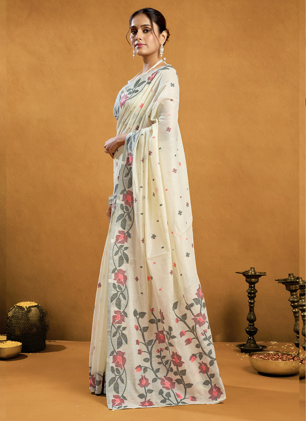 Pure Cream Cotton jamdani floral weaving