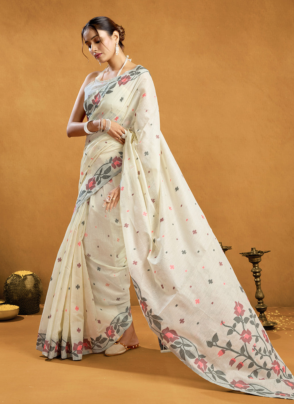 Pure Cream Cotton jamdani floral weaving