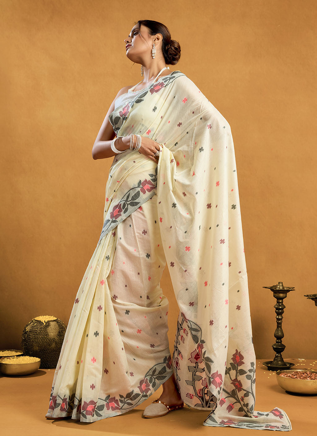 Pure Cream Cotton jamdani floral weaving