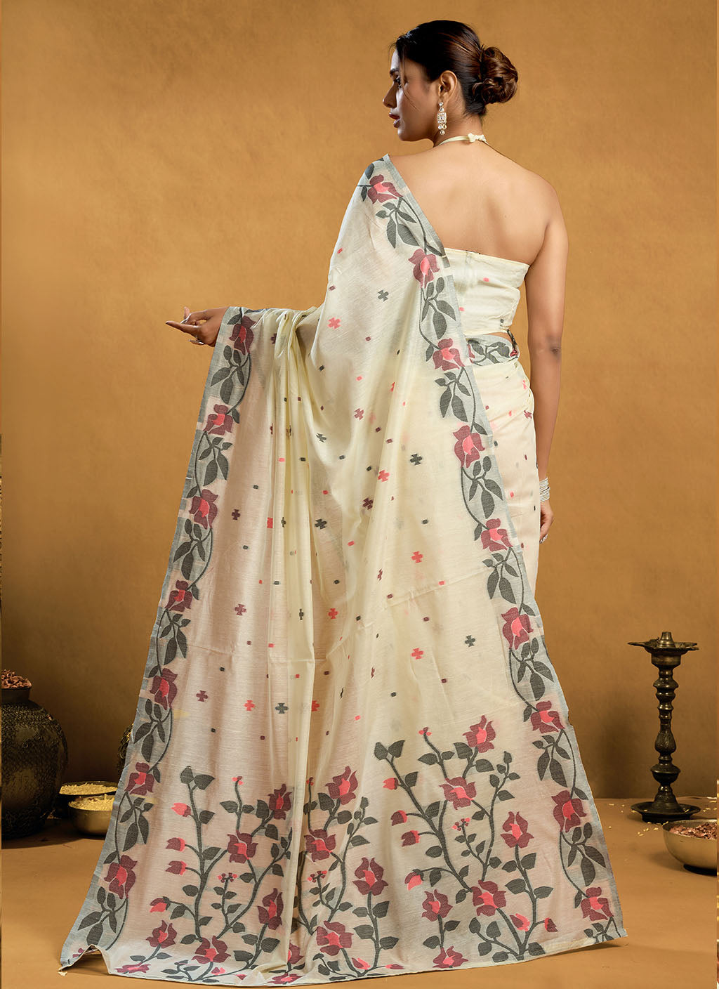 Pure Cream Cotton jamdani floral weaving