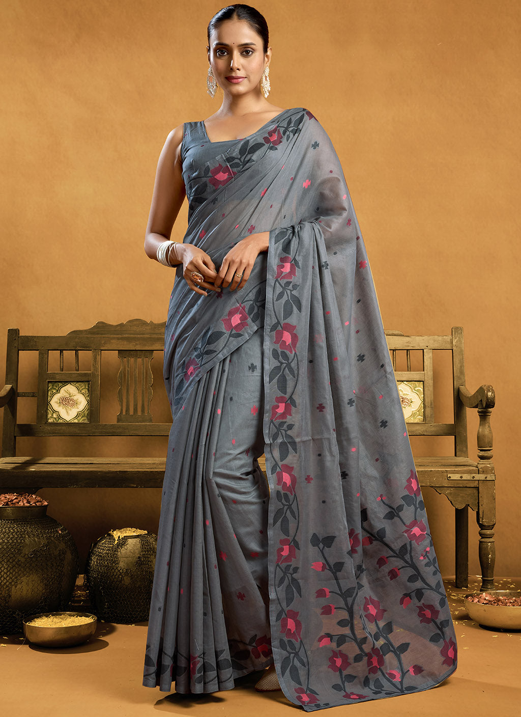 Pure Grey Cotton jamdani floral weaving