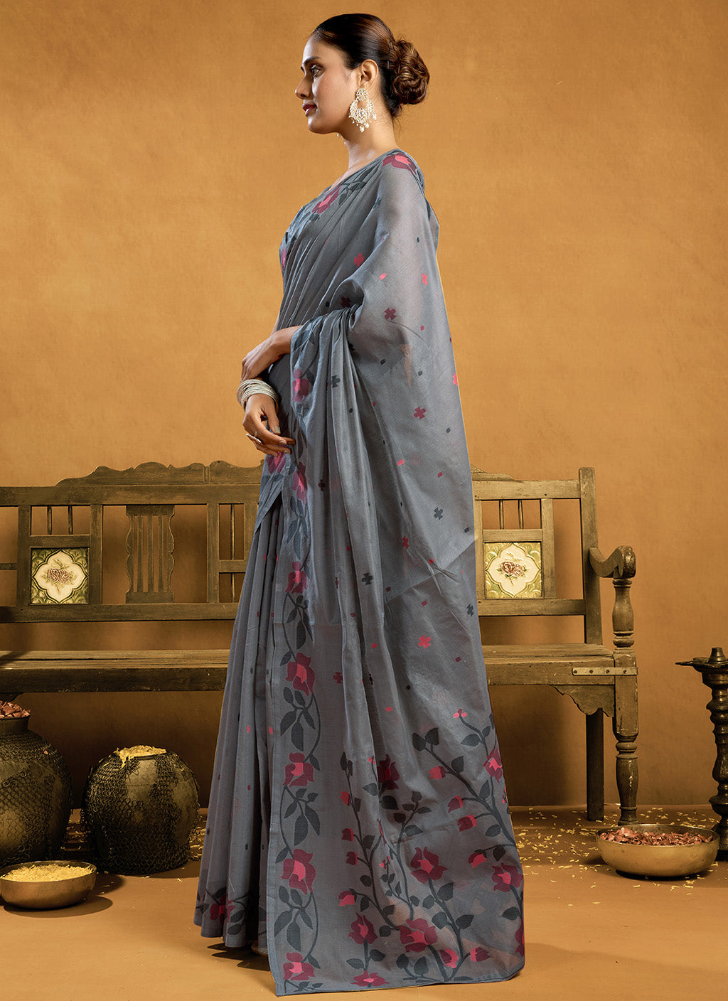 Pure Grey Cotton jamdani floral weaving
