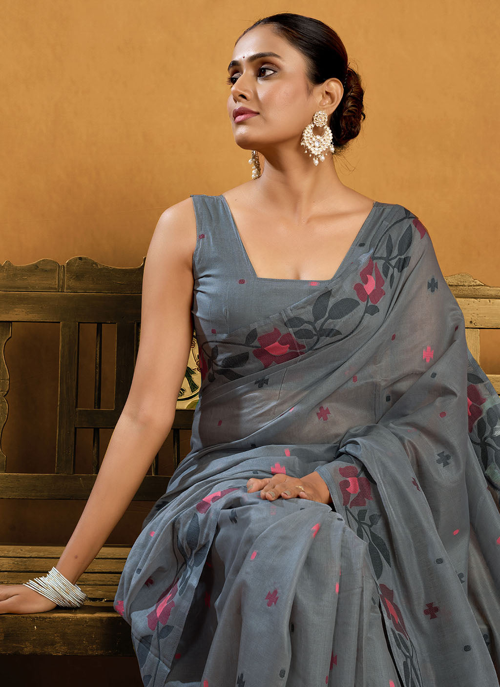 Pure Grey Cotton jamdani floral weaving