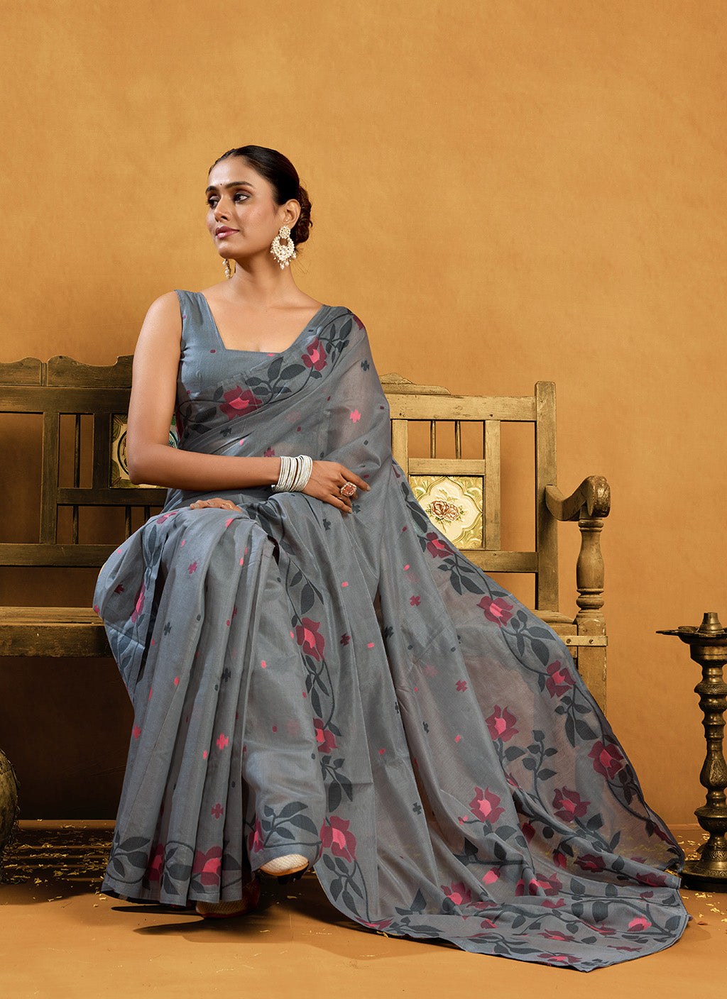 Pure Grey Cotton jamdani floral weaving