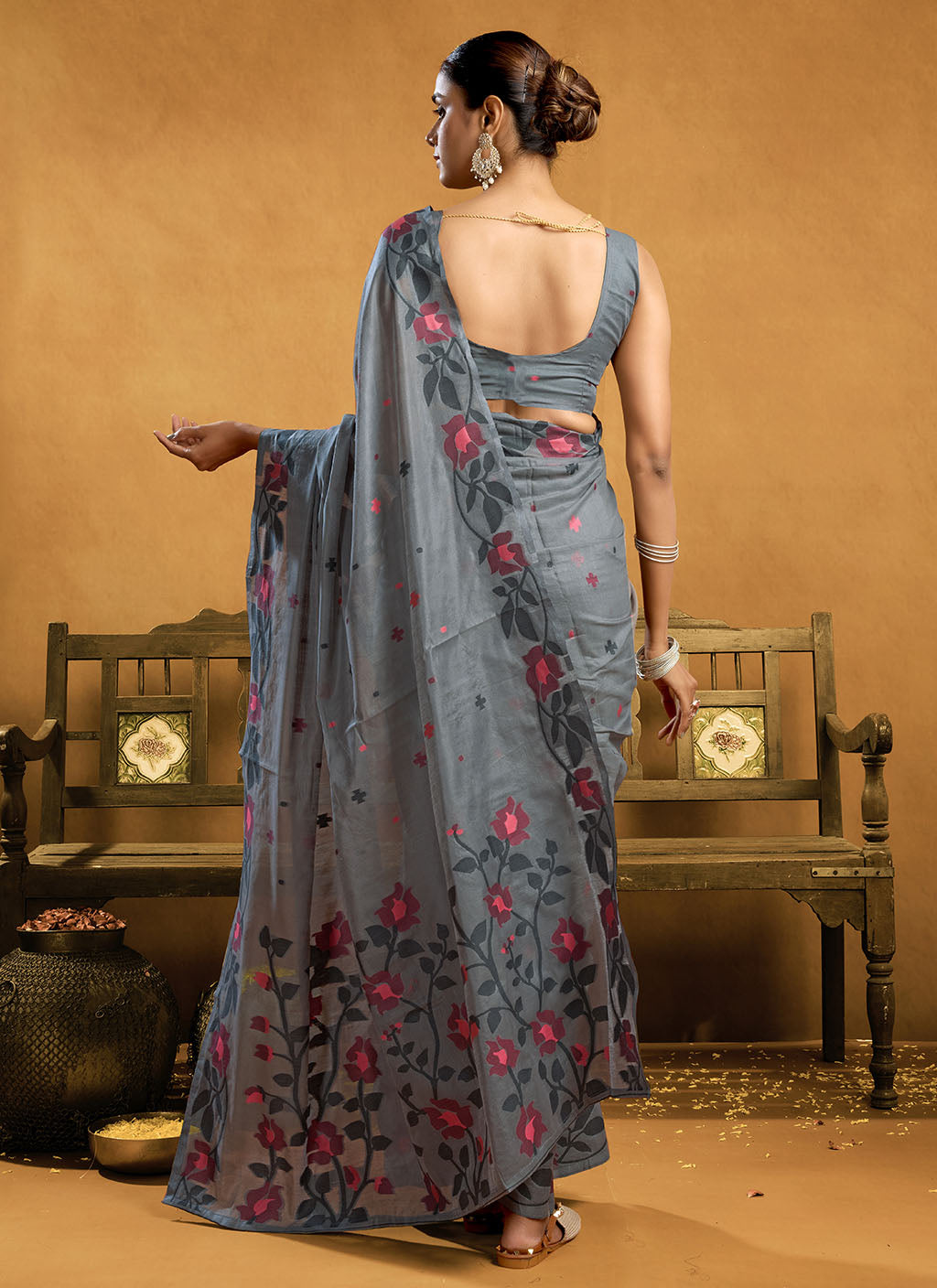 Pure Grey Cotton jamdani floral weaving
