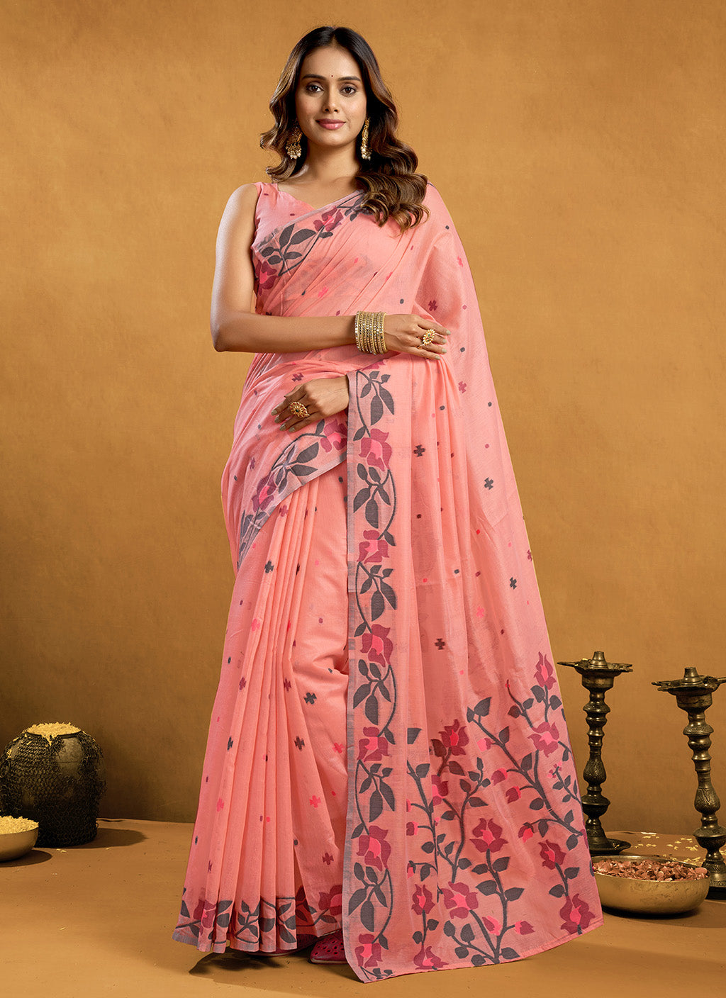 Pure Peach Cotton jamdani floral weaving