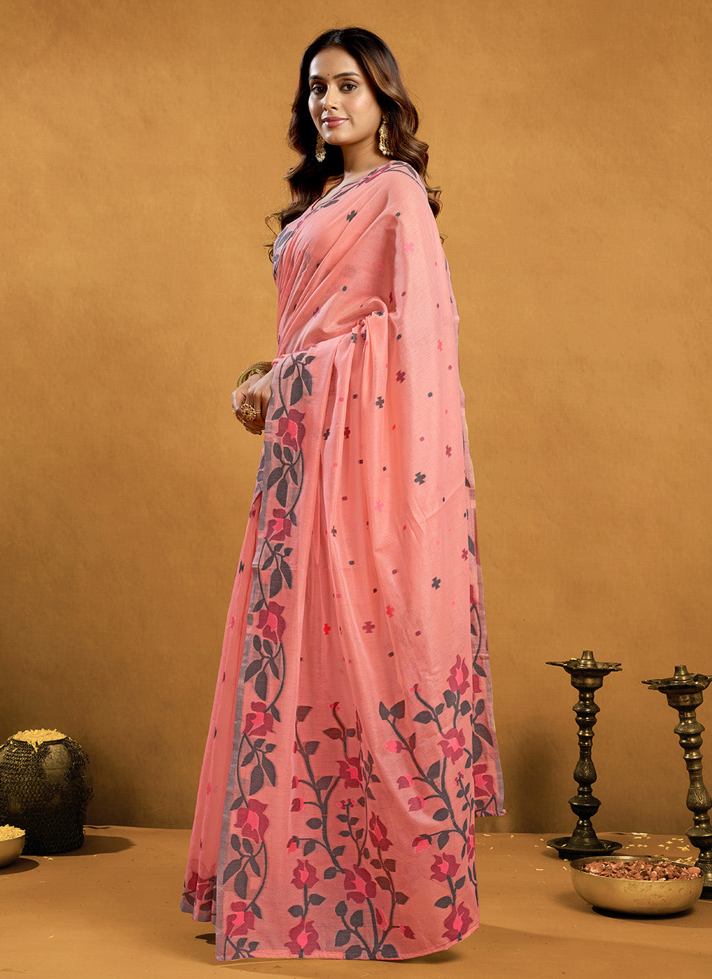 Pure Peach Cotton jamdani floral weaving
