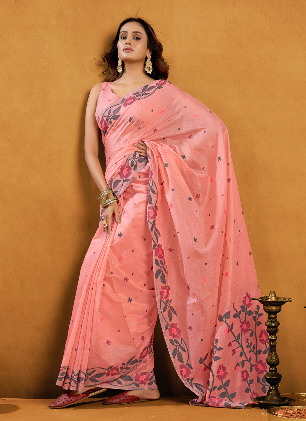 Pure Peach Cotton jamdani floral weaving