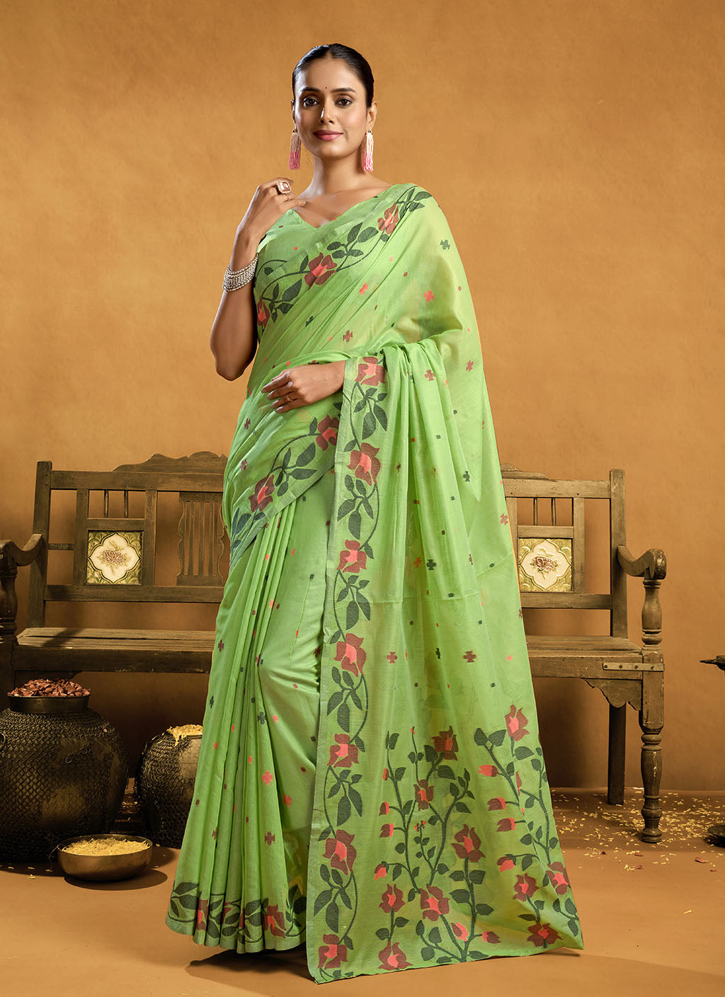Pure P Green Cotton jamdani floral weaving