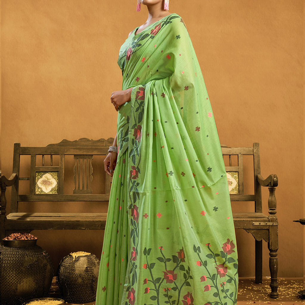 Pure P Green Cotton jamdani floral weaving