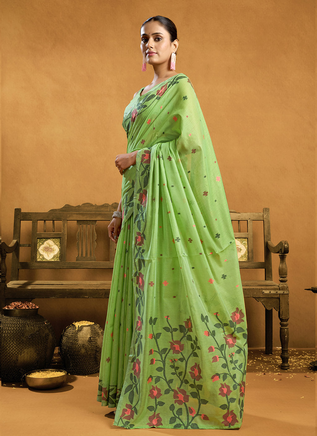 Pure P Green Cotton jamdani floral weaving