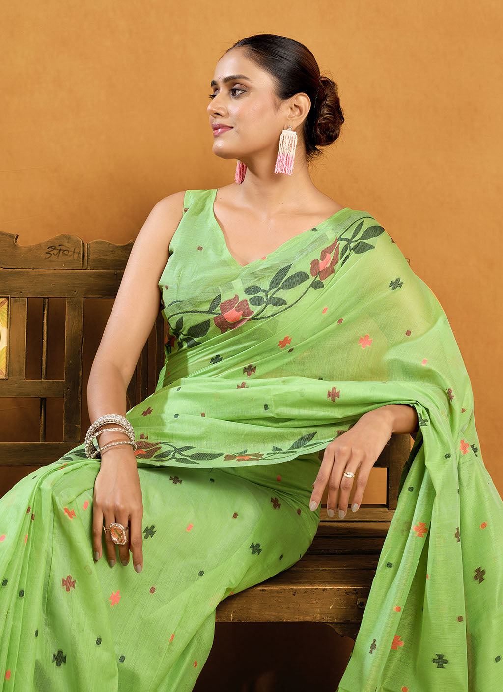 Pure P Green Cotton jamdani floral weaving