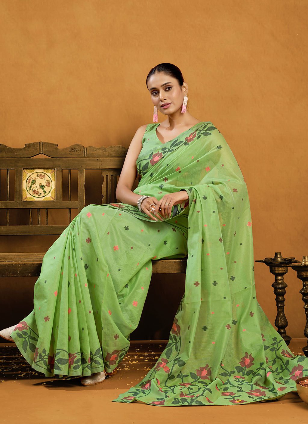 Pure P Green Cotton jamdani floral weaving