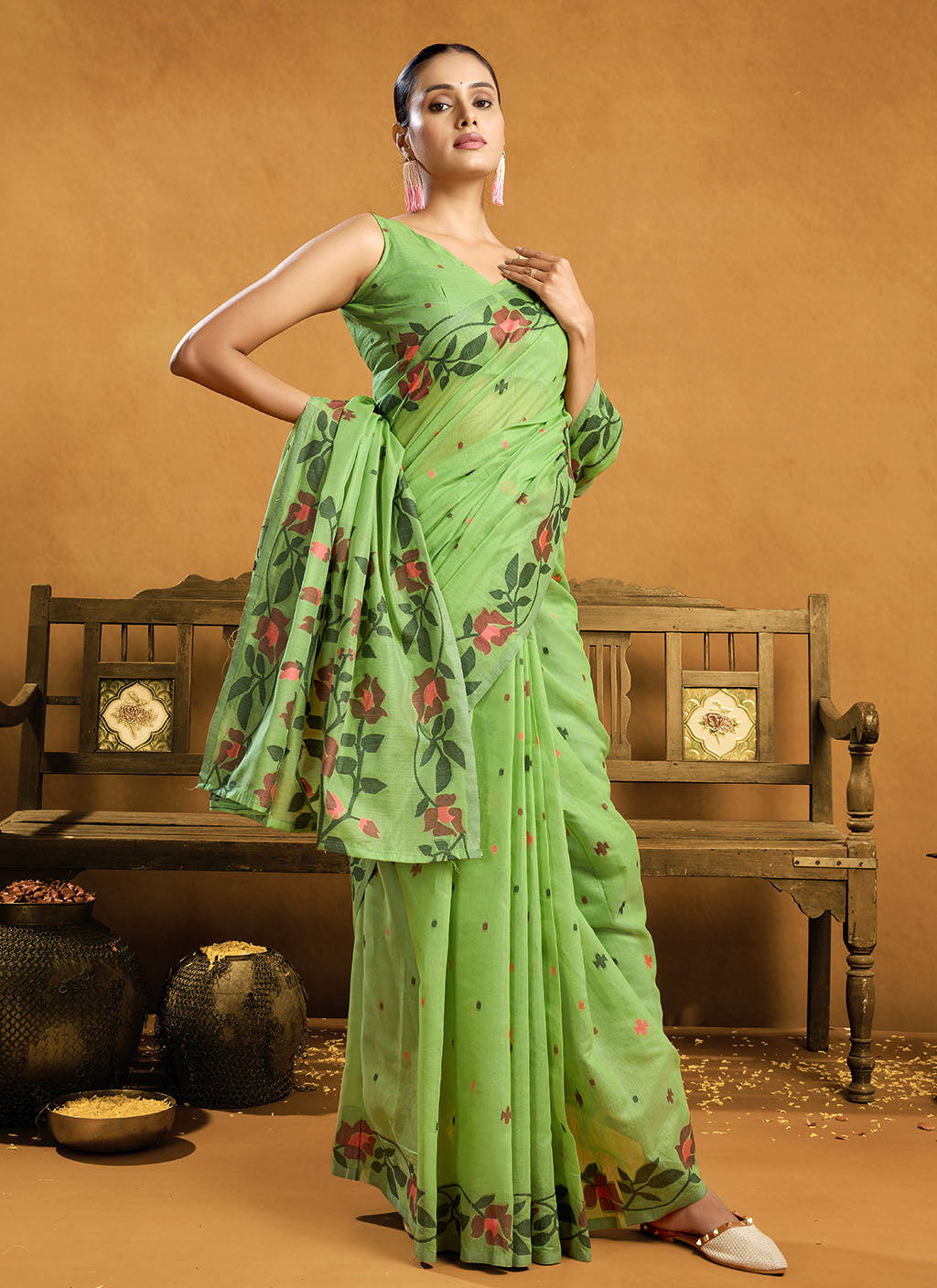 Pure P Green Cotton jamdani floral weaving