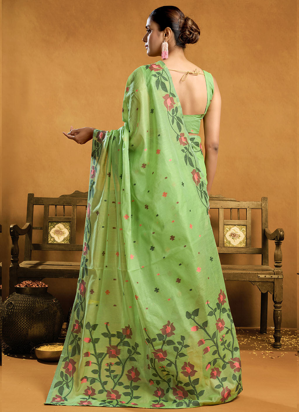 Pure P Green Cotton jamdani floral weaving