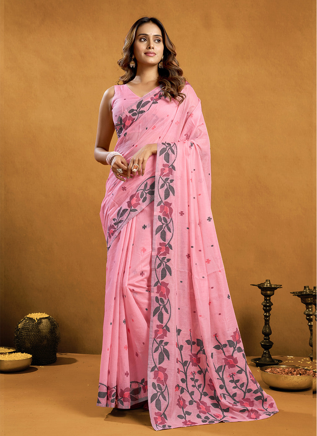 Pure Pink Cotton jamdani floral weaving