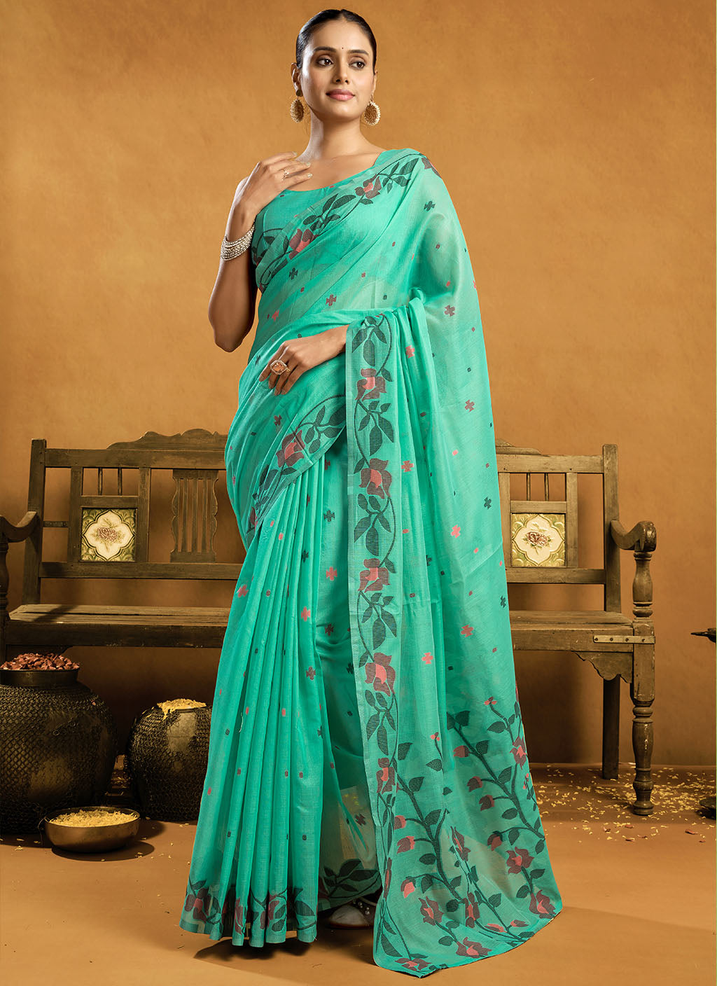 Pure Sea blue Cotton jamdani floral weaving