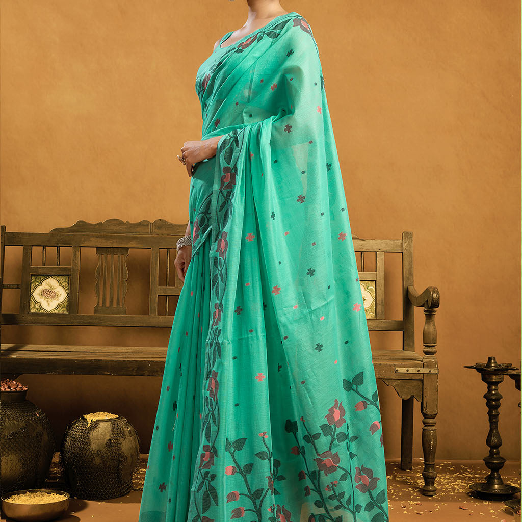 Pure Sea blue Cotton jamdani floral weaving