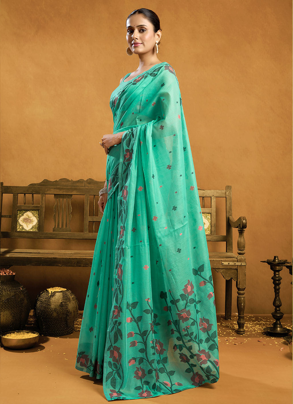 Pure Sea blue Cotton jamdani floral weaving