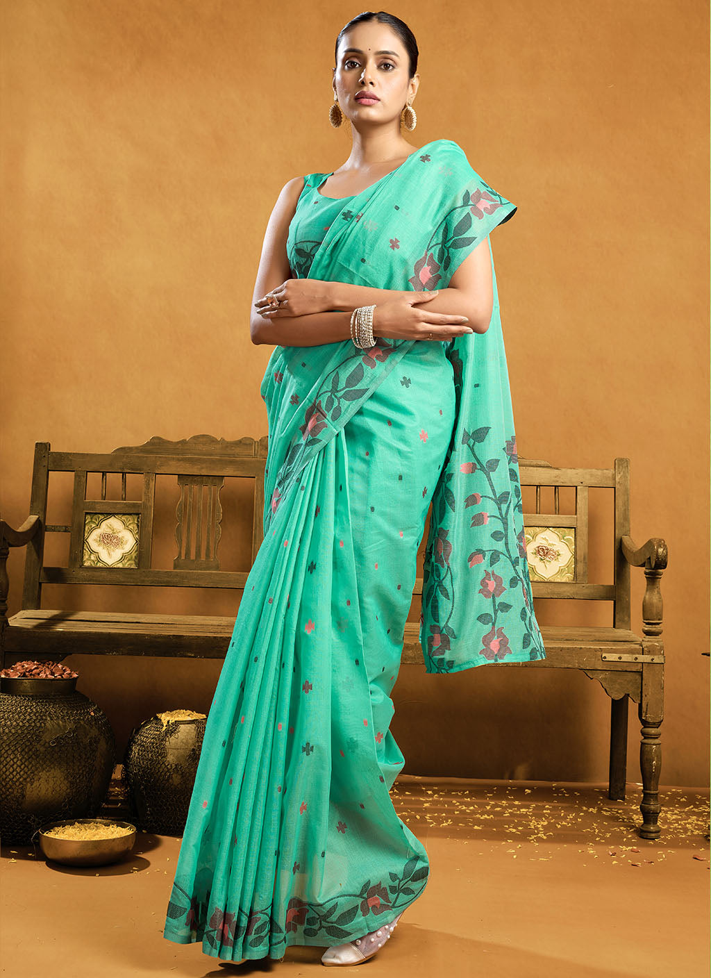 Pure Sea blue Cotton jamdani floral weaving