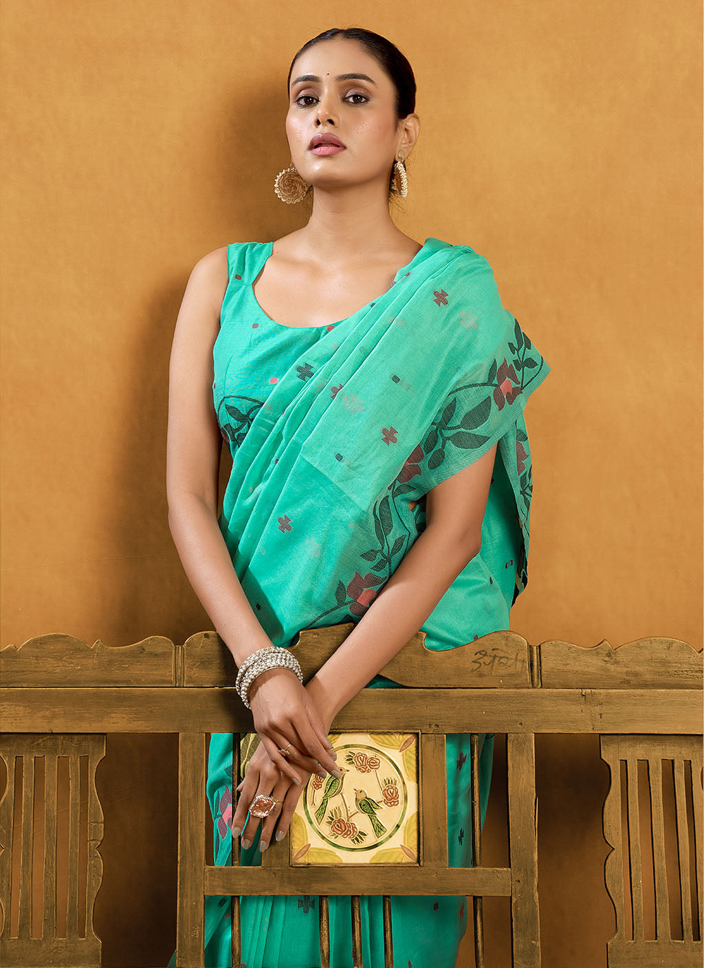 Pure Sea blue Cotton jamdani floral weaving