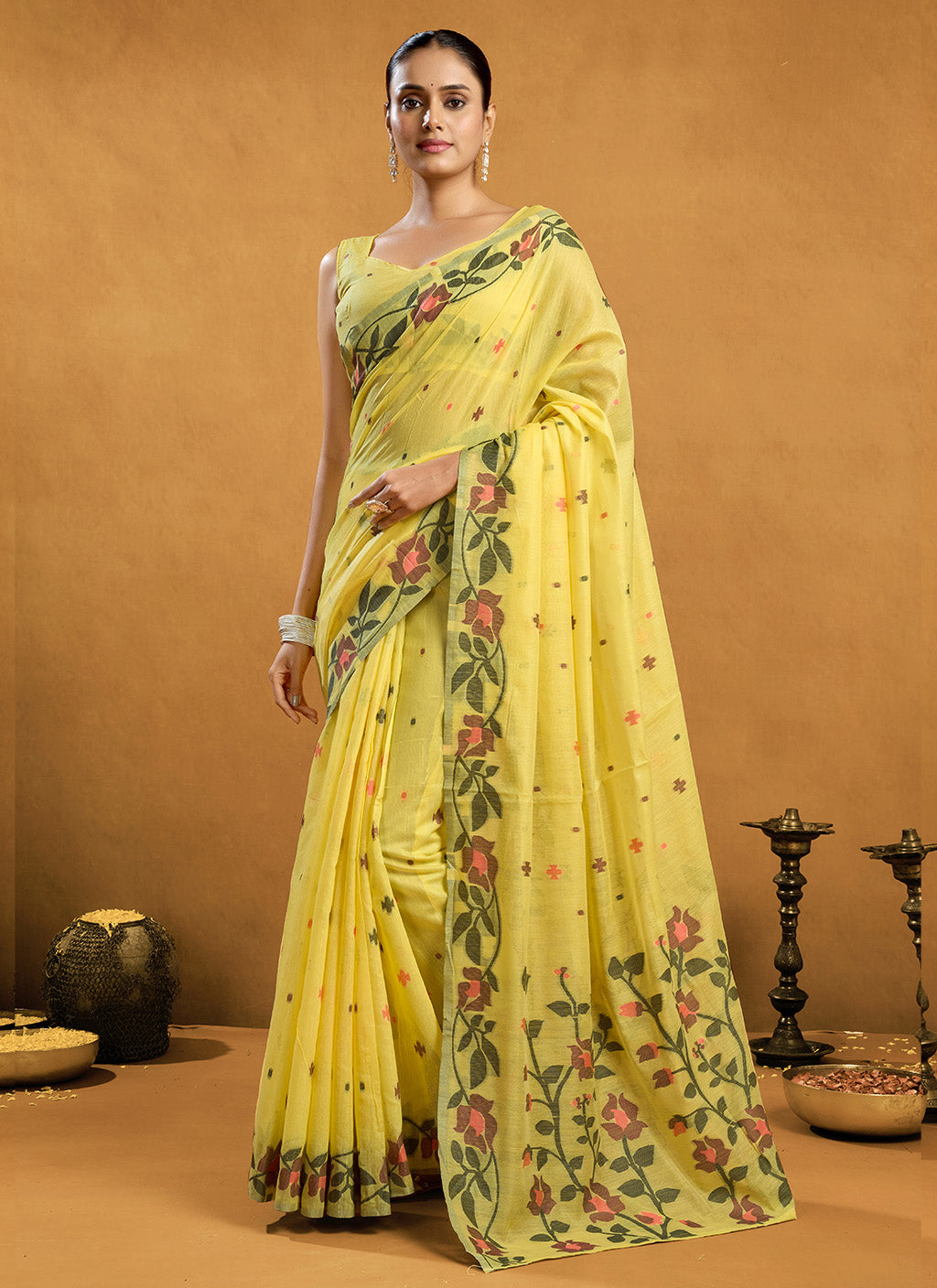 Pure Yellow Cotton jamdani floral weaving