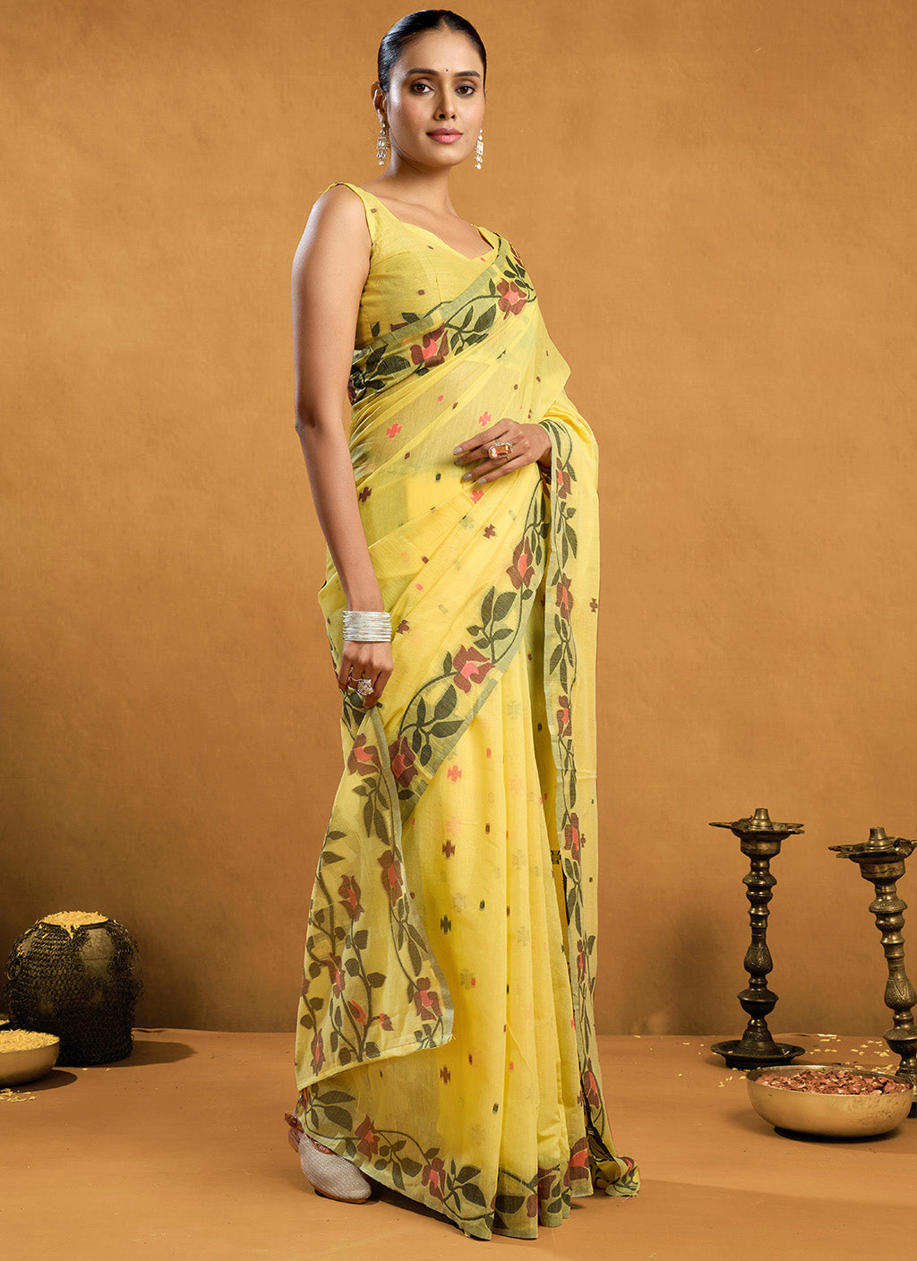Pure Yellow Cotton jamdani floral weaving