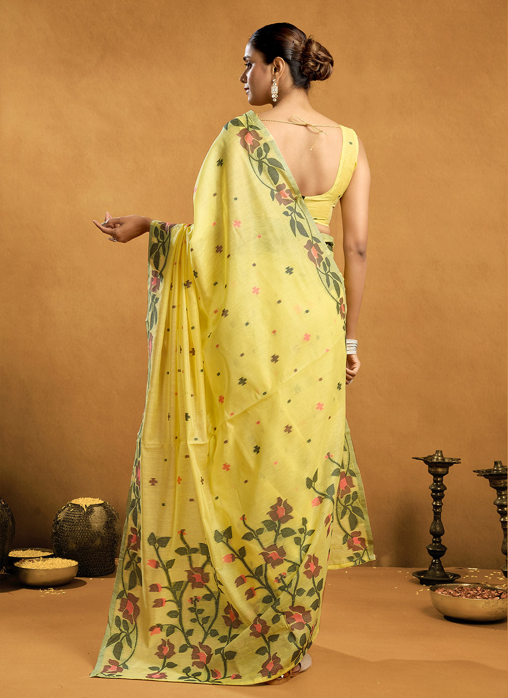 Pure Yellow Cotton jamdani floral weaving